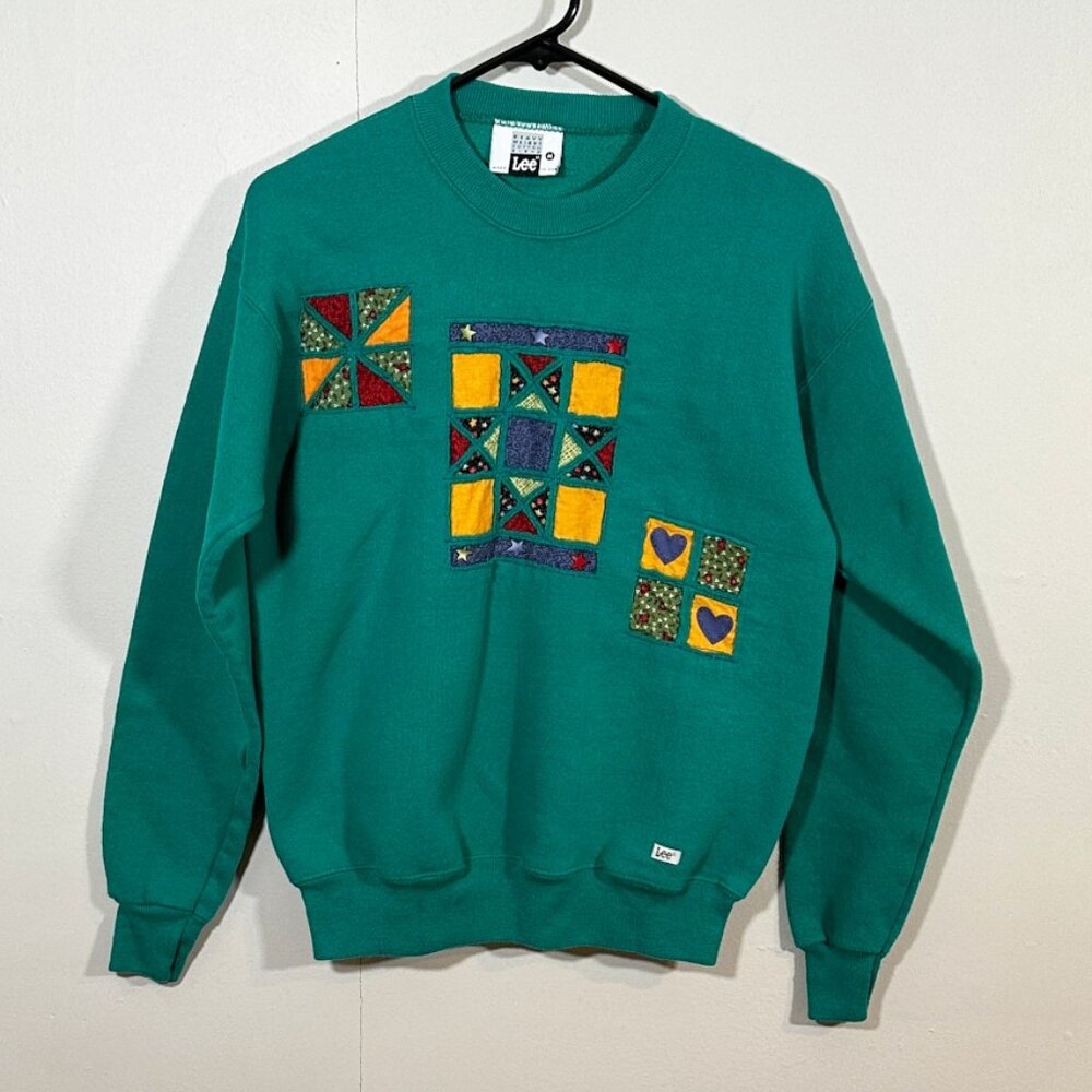 Vtg 90s Lee Jeans Sweatshirt Women's Med Cottagecore Patchwork Grandmacore Quilt